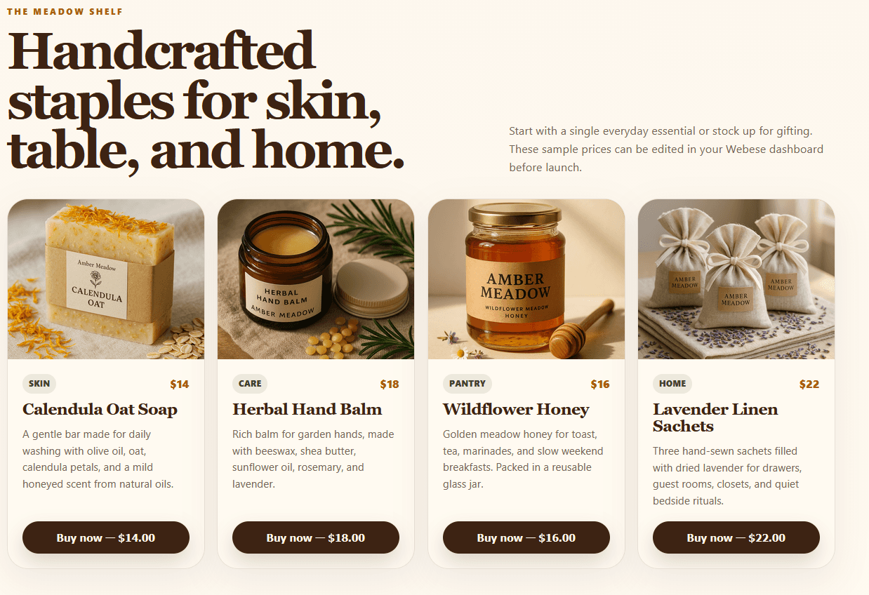 A handmade skincare and pantry shop with a product grid